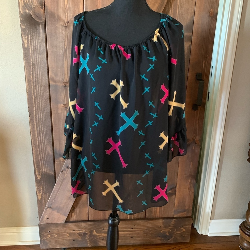 R Rouge Sheer Blouse Cross Prints